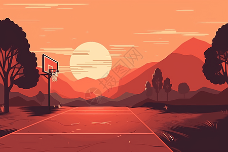 夕阳映射下的篮球图片