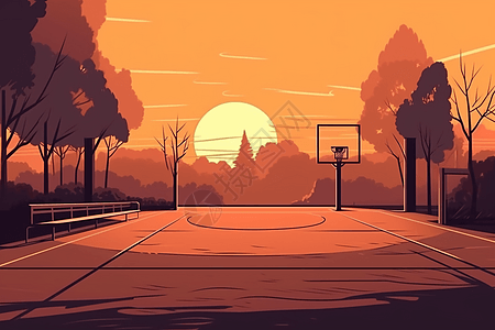 日出下的城市篮球场图片