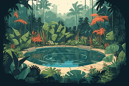茂密森林里的游泳池图片