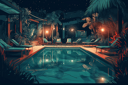 夜间美丽的游泳池图片