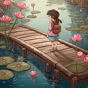 一个女孩站在木桥上图片