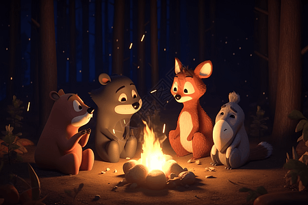 一群卡通动物聚集在篝火旁图片