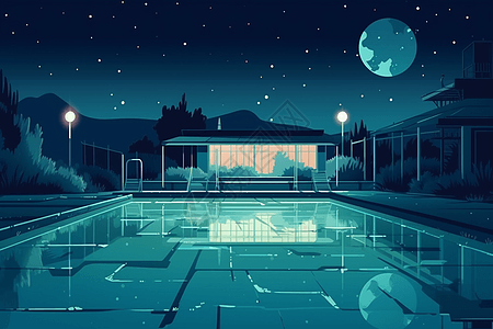 月光下的游泳池图片