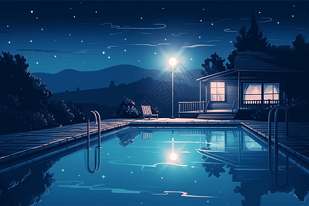 夜晚的游泳池的图片