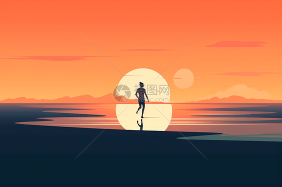 日落时在海滩上奔跑的人图片