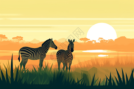 日日落草原上的斑马图片