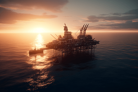 夕阳下的大型石油平台图片
