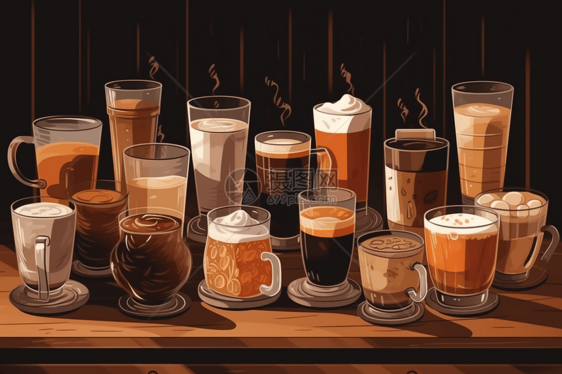 桌子上不同类型的咖啡饮料图片