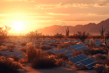 日落时的沙漠太阳能电池板图片
