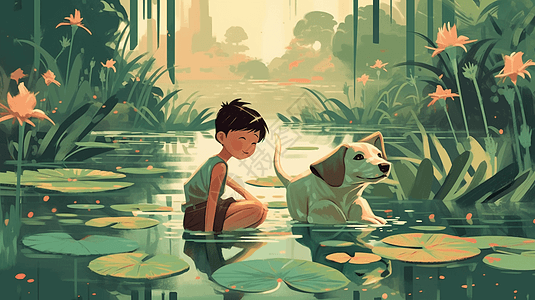 一个男孩和他的狗在池塘里嬉戏图片
