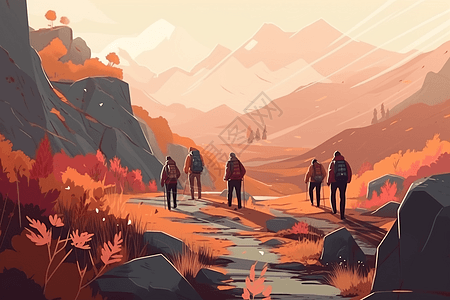 一群朋友在风景秀丽的山景中徒步旅行插画