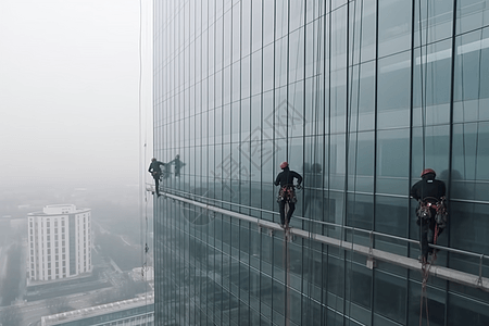 工人进行外玻璃维护空中场景图片