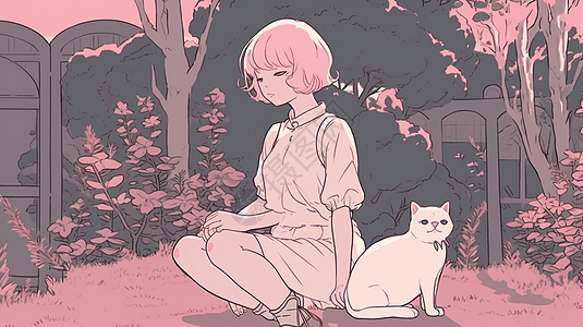 女孩和小猫坐在草坪上图片