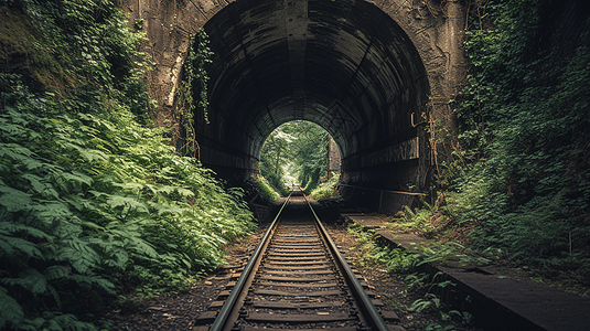 长满植物的铁路隧道图片