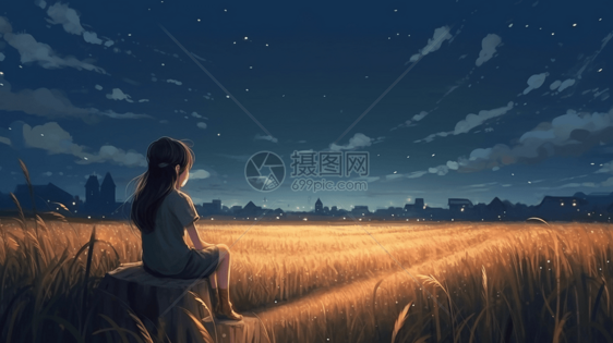 夜晚在稻田上的女孩图片