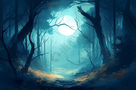 朦胧月色下的森林图片