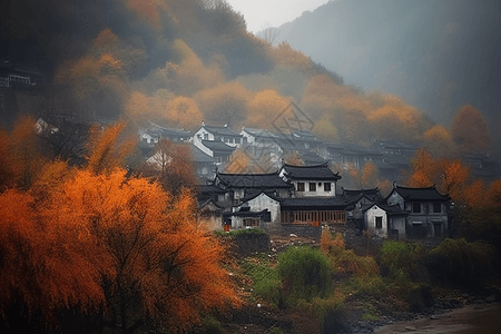 烟雨江南村庄景色设计图片
