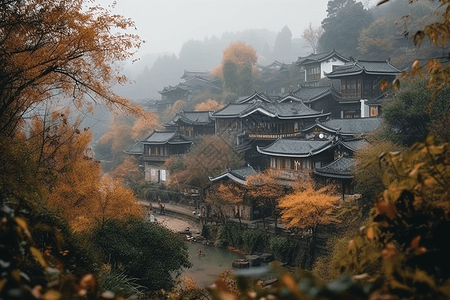 村烟雨四面图片