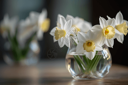 玻璃花瓶中的白色水仙花图片