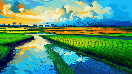 蓝天下的稻田高清图片