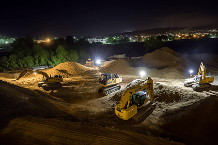夜间建筑工地工作中的挖掘机图片