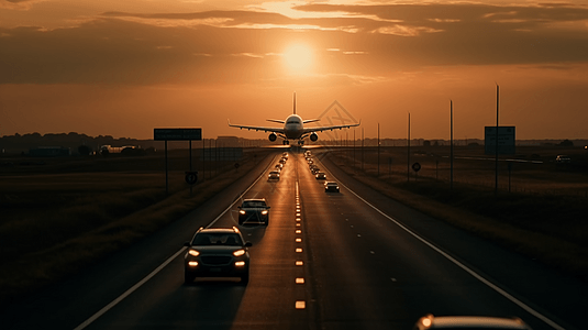 一架大型客机飞越繁忙的双车道公路图片