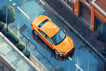 雨天的汽车雨天行驶的黄色汽车插画