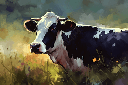 插画风草原放牧的奶牛图片