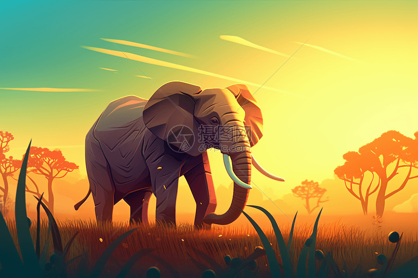 黄昏下草原上的大象图片