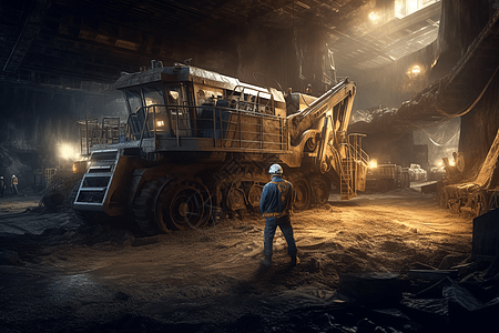矿工操作大型钻头的透视图图片