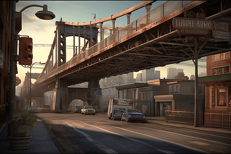 大气城市背景大气高架桥下的街道插画