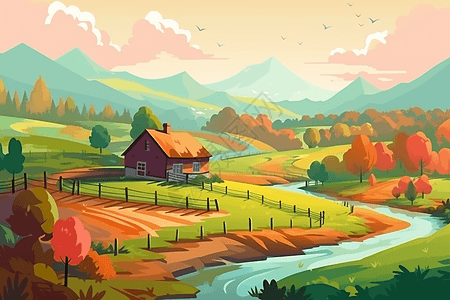 乡村,春天美丽农舍插画