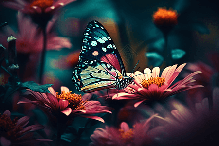 彩色蝴蝶落在花朵上图片