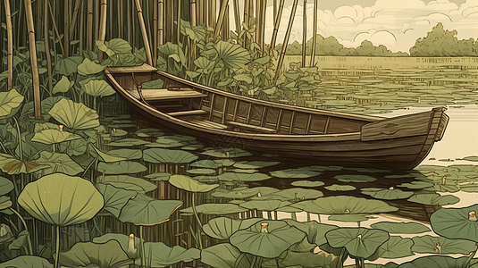 夏季一艘木船漂浮在宁静的荷塘上图片