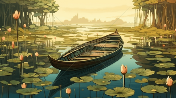 夏天一只木船在池塘上图片