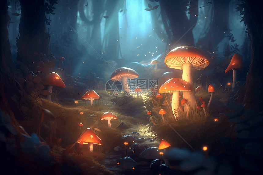 薄雾和发光蘑菇的神秘森林图片