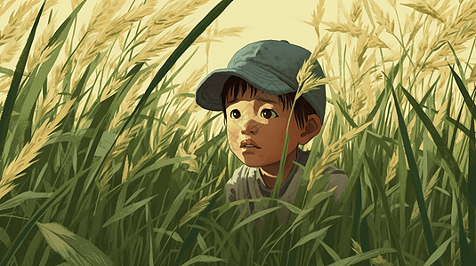 藏在稻田里的小男孩图片