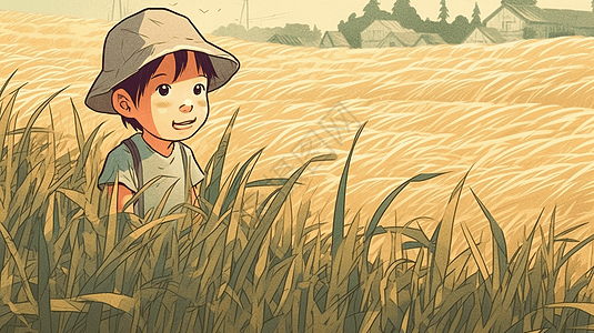 站在稻田里的小男孩图片