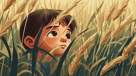 一个好奇的小男孩在摇晃的稻田上偷看图片