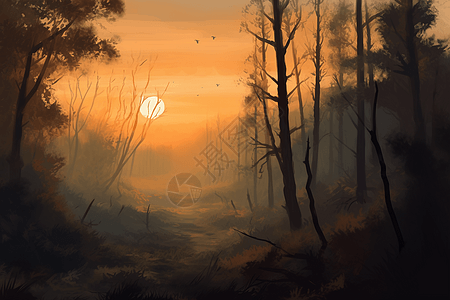森林中的日落画图片