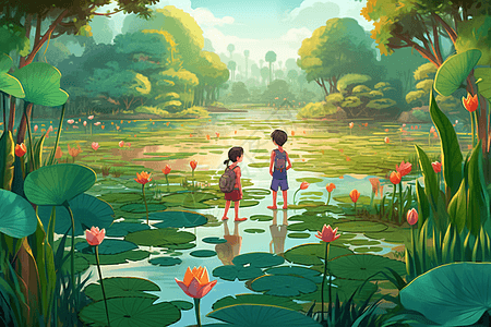 年轻的男孩和女孩在远处采摘莲花图片