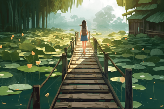 一个年轻的女孩沿着一座木桥行走图片