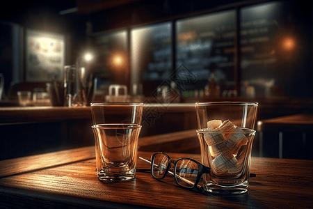 酒吧喝酒复古酒吧桌面上的眼镜插画
