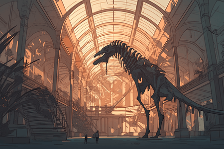 博物馆中高耸的恐龙骨骼背景图片
