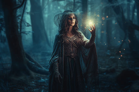 神秘的女巫在森林中图片