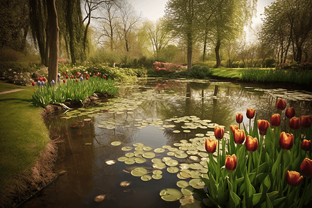 带小池塘的郁金香花园图片