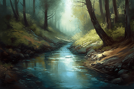 一幅穿过森林的乡村溪流插画图片