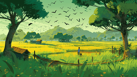 一片绿色稻田的场景图片