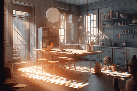 阳光照射下的温馨厨房图片