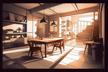 室内设计阳光下的客厅插画